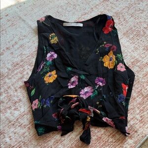 Zara Floral Sleeveless Top with Tie Front